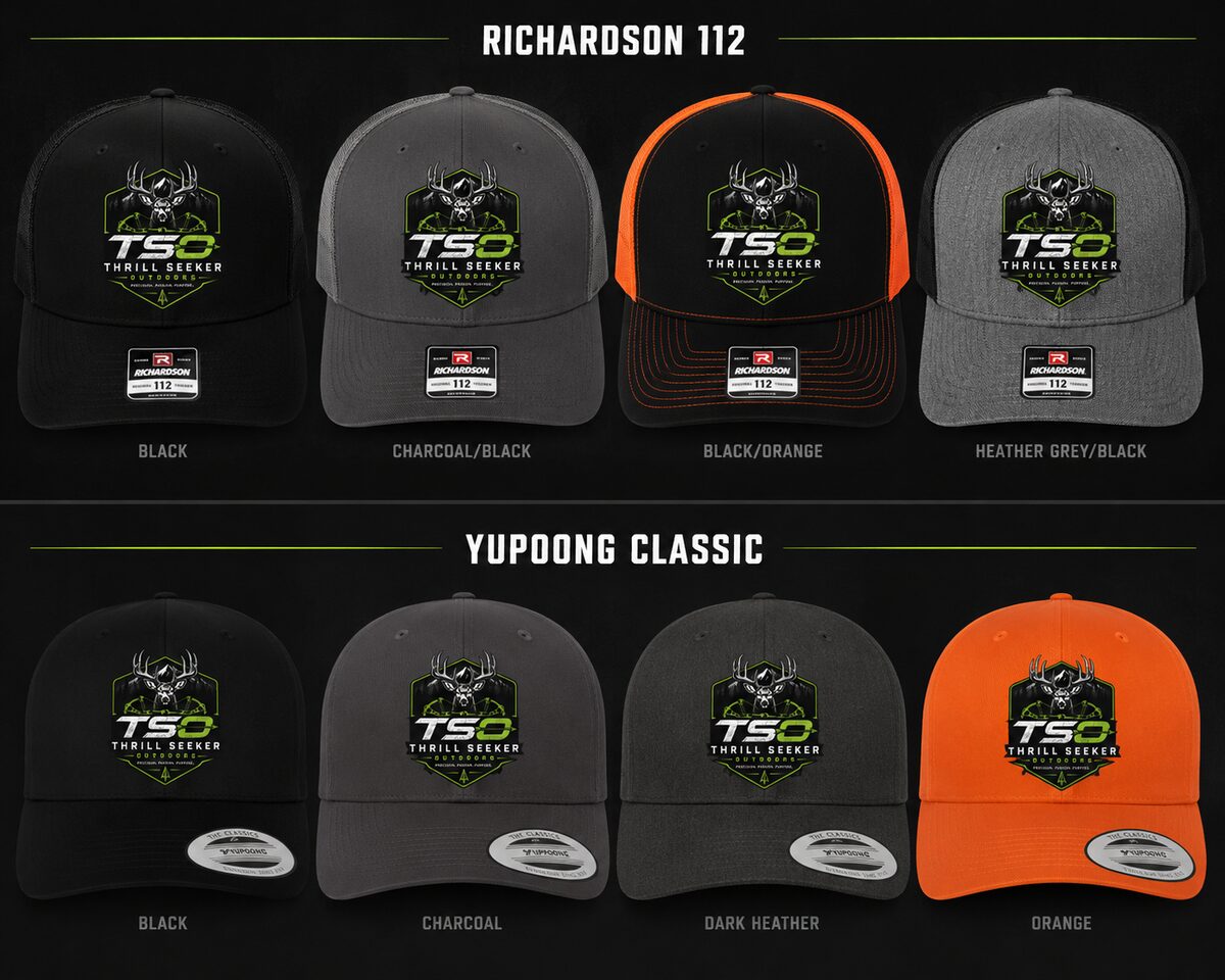 Thrill Seeker Outdoors trucker caps in Richardson 112 and Yupoong Classic styles across eight colorways