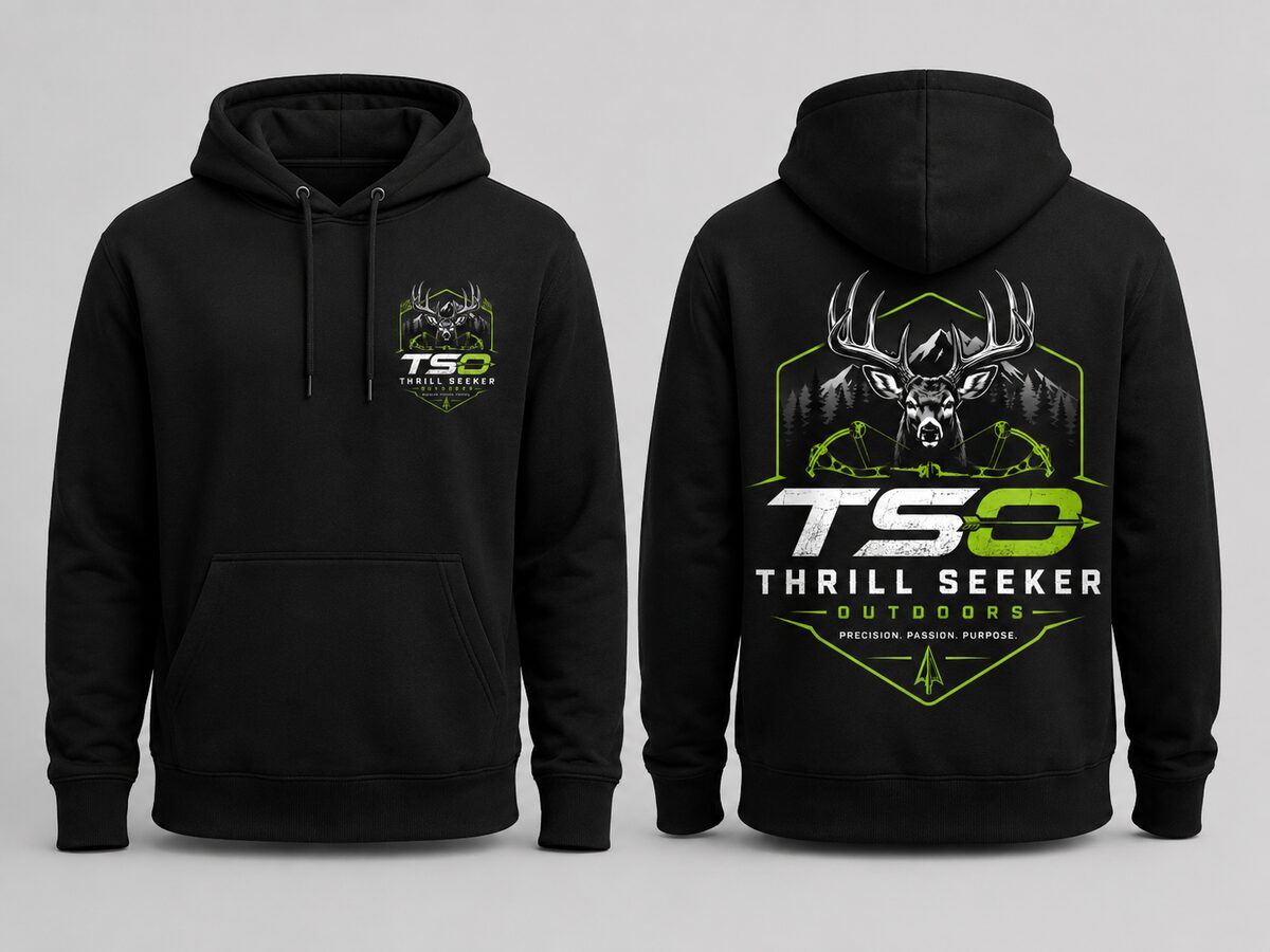 Black Thrill Seeker Outdoors pullover hoodie, front and back