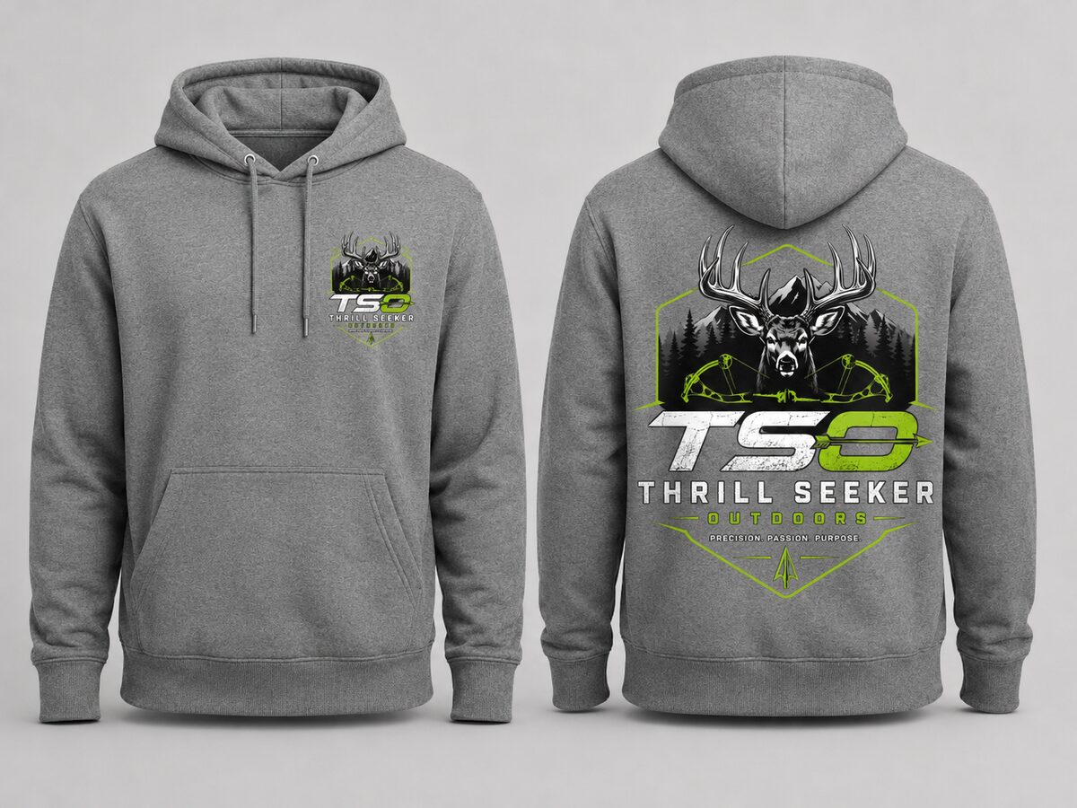 Heather Grey Thrill Seeker Outdoors pullover hoodie, front and back