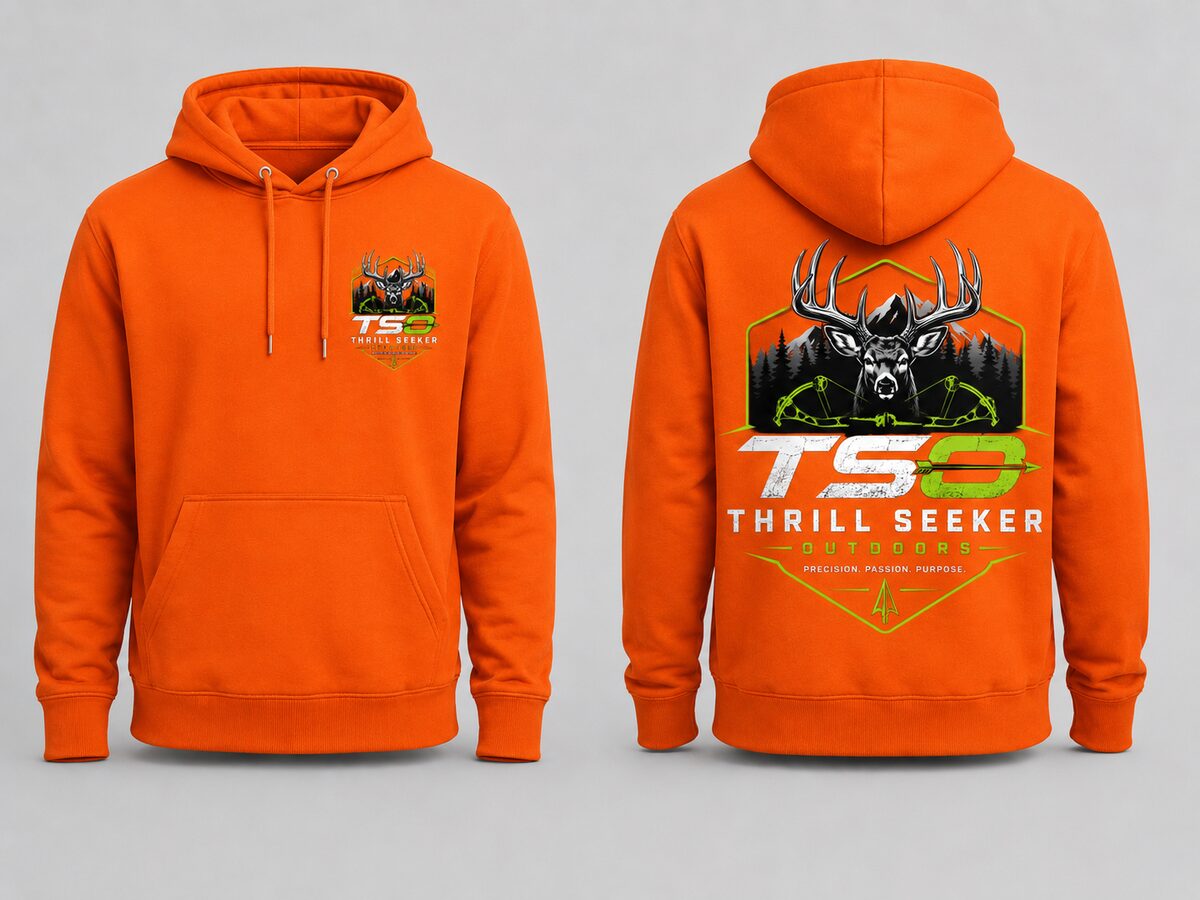 Orange Blaze Thrill Seeker Outdoors pullover hoodie, front and back