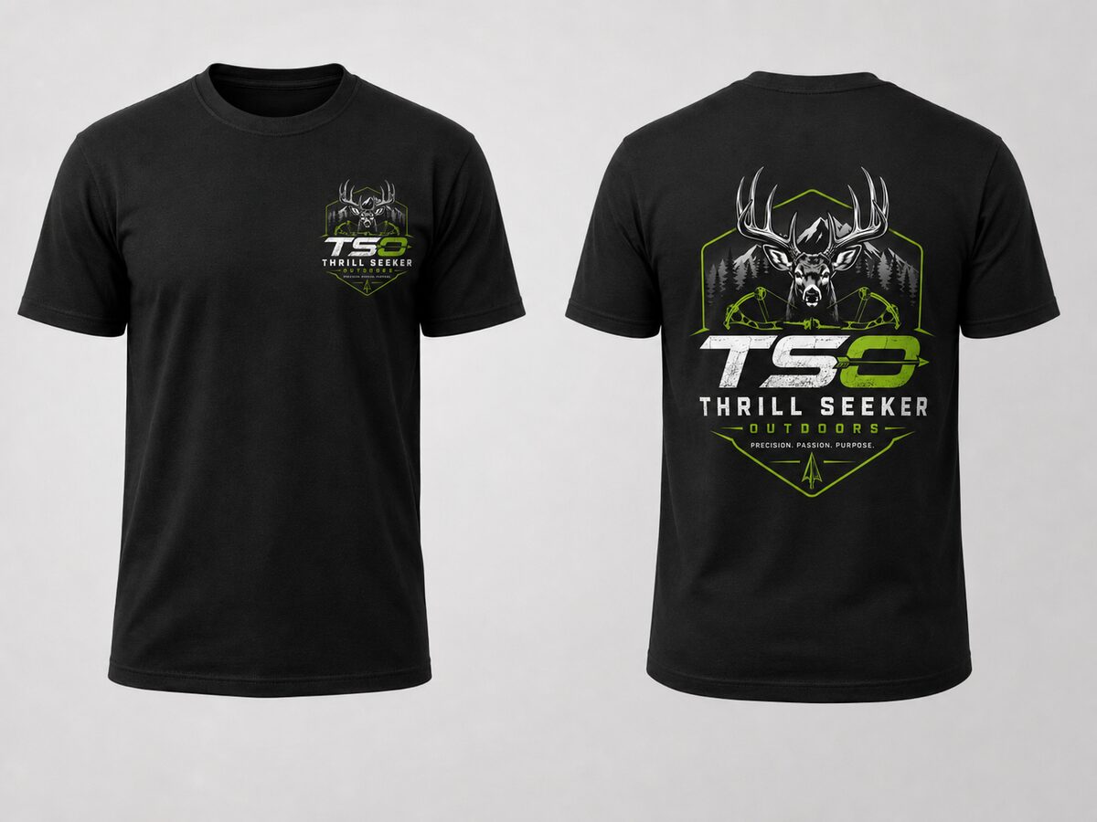 Black Thrill Seeker Outdoors t-shirt, front and back